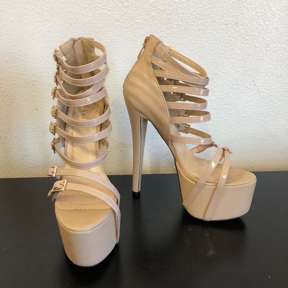 Eye Candie Beige Faux Leather Buckle Platform High Heels